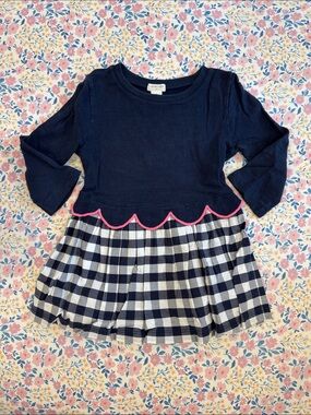 Navy Top & Gingham Skirt Dress with Pink Scallop Trim